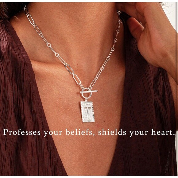 Layered Cross Necklace, Chunky Silver rectangle charm, paperclip chain, toggle - Picture 7 of 13